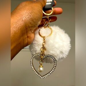 Giant White Puff and Heart Keychain Purse Charm